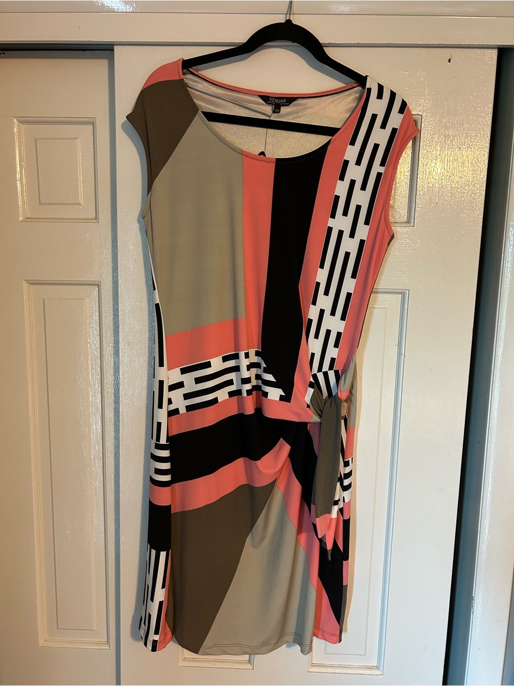 Renuar Coral, Black & Khaki Geometric Tie-Waist Midi Dress